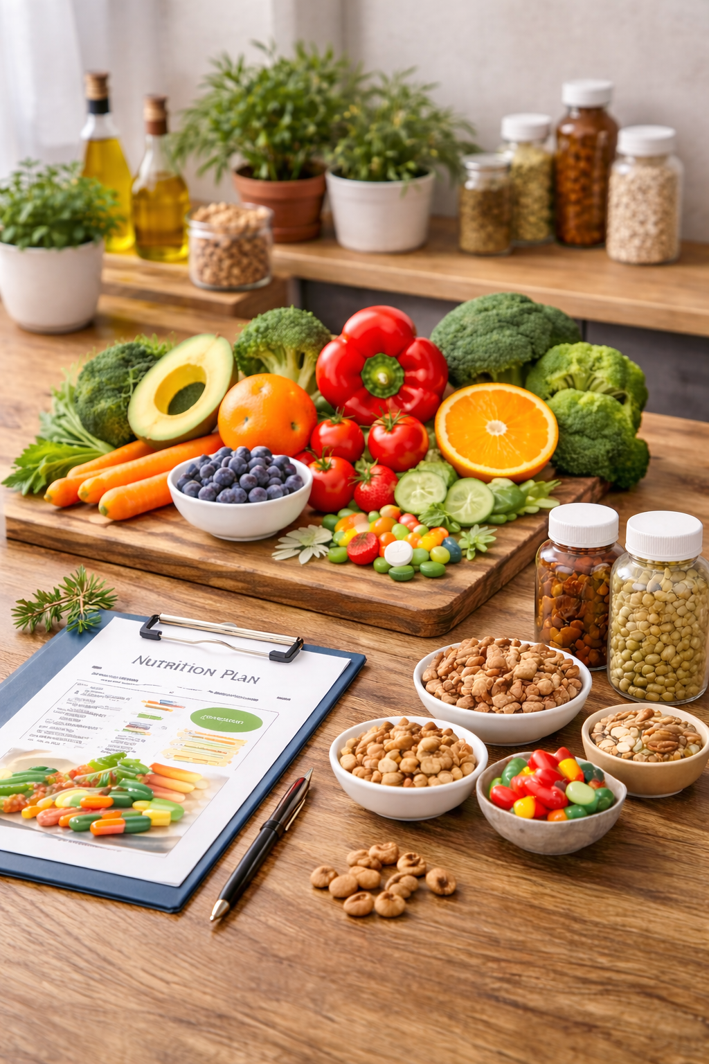 Plan nutritionnel avec légumes frais et compléments alimentaires